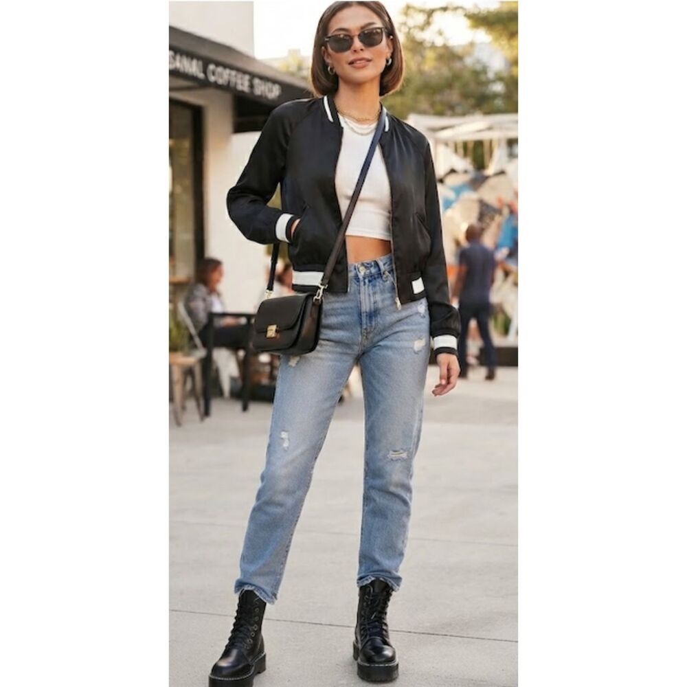 Aritzia Little Moon Black Satin Bomber Jacket 🖤 Size XS
